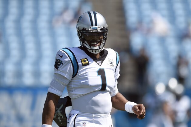 Carolina Panthers quarterback Cam Newton (1) warms up prior to an NFL football game against the Los Angeles Rams in Charlotte, N.C., Sunday, Sept. 8, 2019. (AP Photo/Mike McCarn)