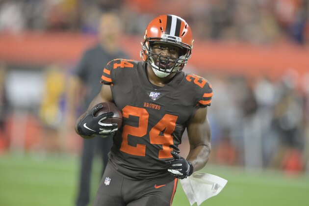 Cleveland Browns running back Nick Chubb (24) warms up before an NFL football game against the Los Angeles Rams, Sunday, Sept. 22, 2019, in Cleveland. The Rams won 20-13. (AP Photo/David Richard) Cleveland Browns running back Nick Chubb (24) warms up before an NFL football game against the Los Angeles Rams, Sunday, Sept. 22, 2019, in Cleveland. The Rams won 20-13. (AP Photo/David Richard)