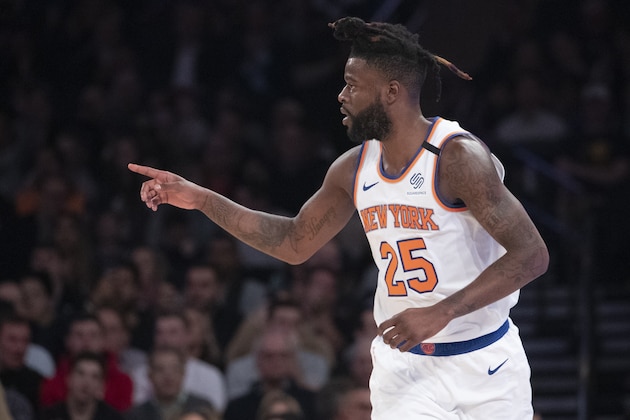 New York Knicks guard Reggie Bullock gestures after scoring a 3-point goal in the first half of an NBA basketball game against the Indiana Pacers, Friday, Feb. 21, 2020, at Madison Square Garden in New York. (AP Photo/Mary Altaffer)