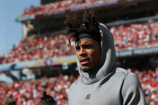 SANTA CLARA, CALIFORNIA - OCTOBER 27: Injured quarterback Cam Newton #1 of the Carolina Panthers walks on the sideline before the game against the San Francisco 49ers at Levi's Stadium on October 27, 2019 in Santa Clara, California. (Photo by Lachlan Cunningham/Getty Images)