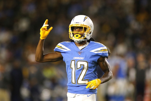 CARSON, CALIFORNIA - OCTOBER 13:  Wide receiver Travis Benjamin #12 of the Los Angeles Chargers reacts during a game against the Pittsburgh Steelers at Dignity Health Sports Park on October 13, 2019 in Carson, California. (Photo by Katharine Lotze/Getty Images)