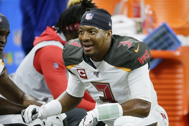 Tampa Bay Buccaneers quarterback Jameis Winston talks to his team during the second half of an NFL football game against the Detroit Lions, Sunday, Dec. 15, 2019, in Detroit. (AP Photo/Duane Burleson)