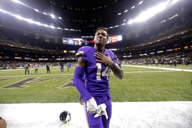 Minnesota Vikings wide receiver Stefon Diggs (14) reacts overtime of an NFL wild-card playoff football game against the New Orleans Saints, Sunday, Jan. 5, 2020, in New Orleans. The Vikings won 26-20. (AP Photo/Brett Duke)