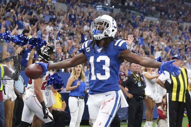 Indianapolis Colts wide receiver T.Y. Hilton (13) reacts after making a touchdown reception during the first half of an NFL football game against the Atlanta Falcons, Sunday, Sept. 22, 2019, in Indianapolis. (AP Photo/AJ Mast) Indianapolis Colts wide receiver T.Y. Hilton (13) reacts after making a touchdown reception during the first half of an NFL football game against the Atlanta Falcons, Sunday, Sept. 22, 2019, in Indianapolis. (AP Photo/AJ Mast)