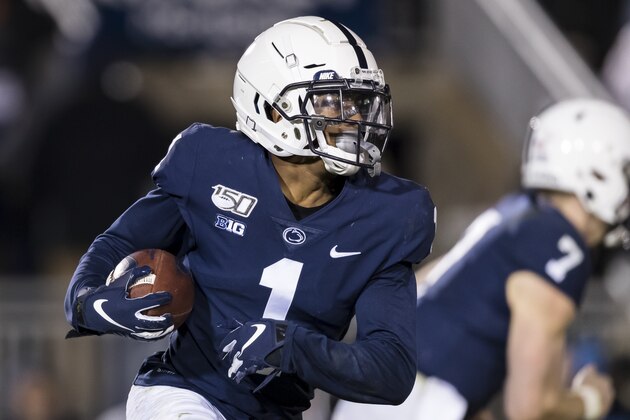 STATE COLLEGE, PA - NOVEMBER 30: KJ Hamler #1 of the Penn State Nittany Lions carries the ball against the Rutgers Scarlet Knights during the second half at Beaver Stadium on November 30, 2019 in State College, Pennsylvania. (Photo by Scott Taetsch/Getty Images)