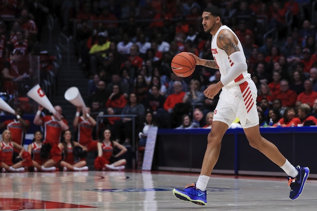 Dayton's Obi Toppin (1) controls the ball in the second half of an NCAA college basketball game against Duquesne, Saturday, Feb. 22, 2020, in Dayton, Ohio. Dayton won 80-70. (AP Photo/Aaron Doster)