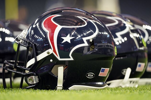 A decal with the initials of Houston Texans owner Robert