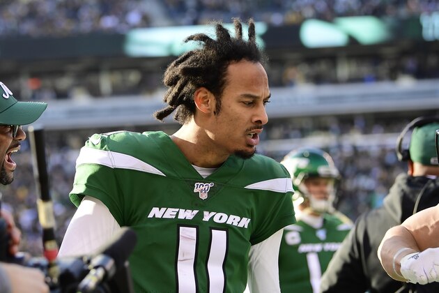 EAST RUTHERFORD, NEW JERSEY - DECEMBER 22:  Robby Anderson #11 of the New York Jets celebrates a touchdown reception against the Pittsburgh Steelers at MetLife Stadium on December 22, 2019 in East Rutherford, New Jersey. (Photo by Steven Ryan/Getty Images)
