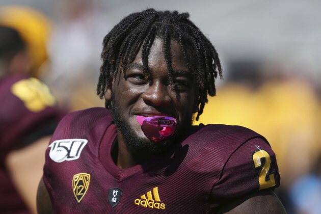 Arizona State wide receiver Brandon Aiyuk smiles during warmup s prior to an NCAA college football game against Washington State Saturday, Oct. 12, 2019, in Tempe, Ariz. Arizona State defeated Washington State 38-34. (AP Photo/Ross D. Franklin)