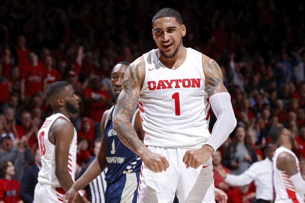 DAYTON, OH - MARCH 07: Obi Toppin #1 of the Dayton Flyers reacts after a dunk in the second half of a game against the George Washington Colonials at UD Arena on March 7, 2020 in Dayton, Ohio. Dayton defeated George Washington 76-51. (Photo by Joe Robbins/Getty Images)