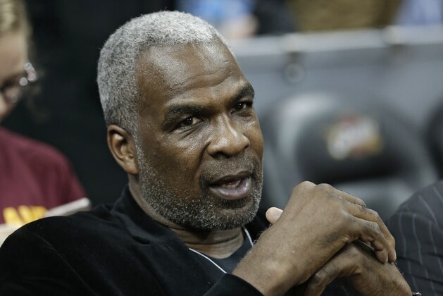 FILE - In this Feb. 23, 2017, file photo, former New York Knicks player Charles Oakley is shown before an NBA basketball game between the Knicks and the Cleveland Cavaliers in Cleveland. A federal judge has dismissed Charles Oakley's lawsuit against executive chairman James Dolan and Madison Square Garden, stemming from the former New York Knicks forward's ejection and arrest from a game three years ago. Judge Richard J. Sullivan ruled Wednesday, Feb. 19, 2020 in U.S. District Court in Manhattan that the case “had the feel of a public relations campaign” and Oakley hadn't alleged a plausible legal claim under federal pleading standards. (AP Photo/Tony Dejak, File)