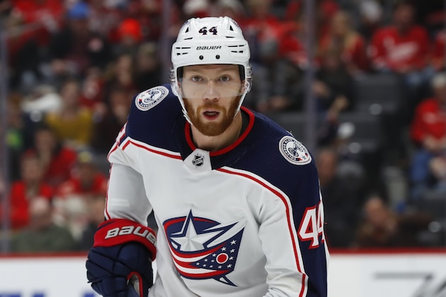 Columbus Blue Jackets defenseman Vladislav Gavrikov plays against the Detroit Red Wings in the second period of an NHL hockey game Tuesday, Dec. 17, 2019, in Detroit. (AP Photo/Paul Sancya)