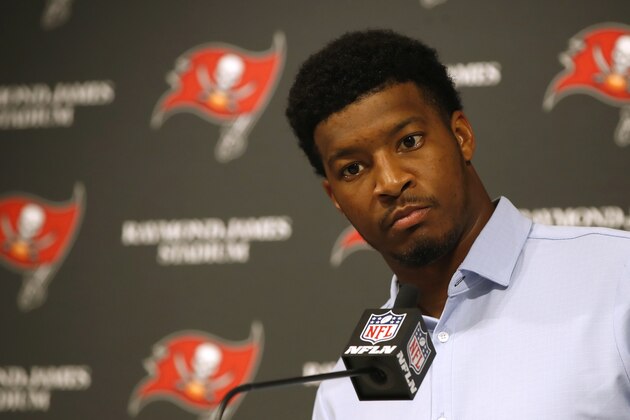 Tampa Bay Buccaneers quarterback Jameis Winston speaks a news conference after an NFL football game Saturday, Dec. 21, 2019, in Tampa, Fla. (AP Photo/Mark LoMoglio)