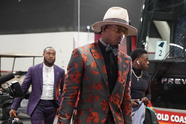 Carolina Panthers quarterback Cam Newton arrives at Levi's Stadium before an NFL football game against the San Francisco 49ers in Santa Clara, Calif., Sunday, Oct. 27, 2019. (AP Photo/Tony Avelar)