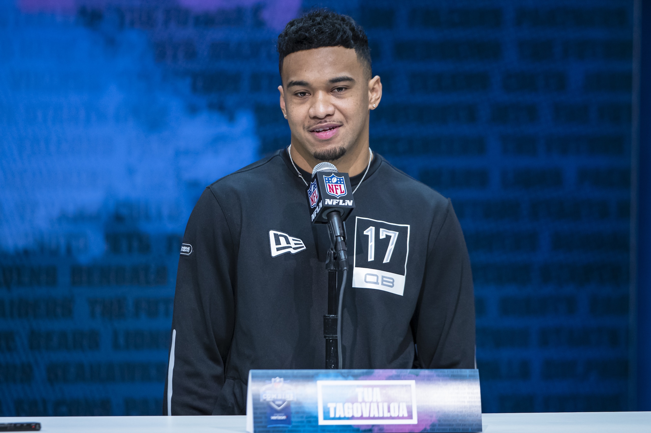 INDIANAPOLIS, IN - FEBRUARY 25: Tua Tagovailoa #QB17 of the Alabama Crimson Tide speaks to the media at the Indiana Convention Center on February 25, 2020 in Indianapolis, Indiana. (Photo by Michael Hickey/Getty Images) *** Local Capture *** Tua Tagovailoa