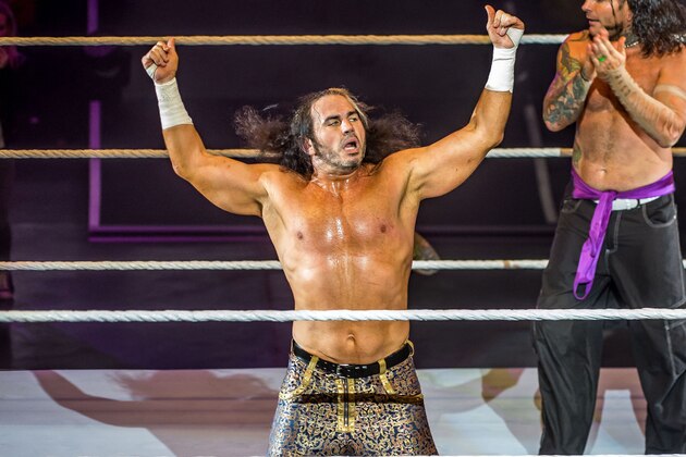 The Hardy Boyz celebrate victory in the ring during WWE show at Zenith Arena on May 10, 2017 in Lille, northern France. / AFP PHOTO / PHILIPPE HUGUEN        (Photo credit should read PHILIPPE HUGUEN/AFP via Getty Images)