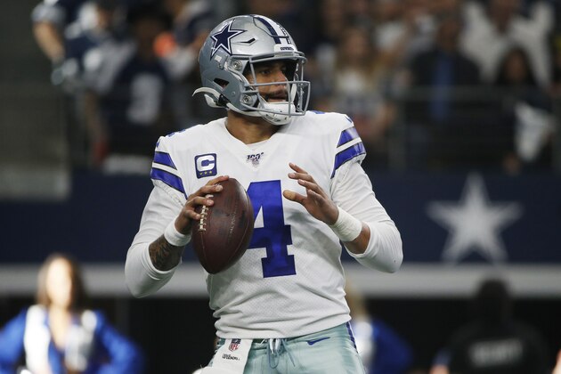 Dallas Cowboys quarterback Dak Prescott (4) throws against the Washington Redskins during the first half of an NFL football game in Arlington, Texas, Sunday, Dec. 15, 2019. (AP Photo/Ron Jenkins)