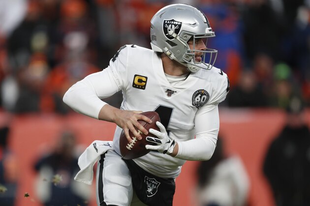 Oakland Raiders quarterback Derek Carr looks to pass during the second half of an NFL football game against the Denver Broncos, Sunday, Dec. 29, 2019, in Denver. (AP Photo/David Zalubowski)