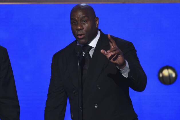 Magic Johnson accepts the lifetime achievement award at the NBA Awards on Monday, June 24, 2019, at the Barker Hangar in Santa Monica, Calif. (Photo by Chris Pizzello/Invision/AP)