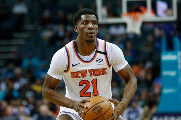 New York Knicks guard Damyean Dotson brings the ball up court against the Charlotte Hornets in the second half of an NBA basketball game in Charlotte, N.C., Tuesday, Jan. 28, 2020. Charlotte won 97-92. (AP Photo/Nell Redmond)