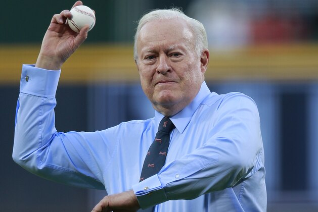 Atlanta Braves chairman emeritus: Bill Bartholomay throw out the ceremonial first pitch before a Major League Baseball game against the Milwaukee Brewers in Atlanta, Friday, April 13, 2012.  (AP Photo/John Bazemore)