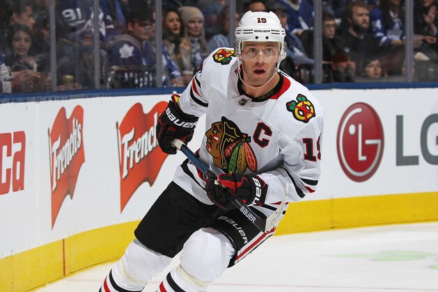 TORONTO, ON - JANUARY 18:  Jonathan Toews #19 of the Chicago Blackhawks skates against the Toronto Maple Leafs during an NHL game at Scotiabank Arena on January 18, 2020 in Toronto, Ontario, Canada. The Blackhawks defeated the Maple Leafs 6-2. (Photo by Claus Andersen/Getty Images)