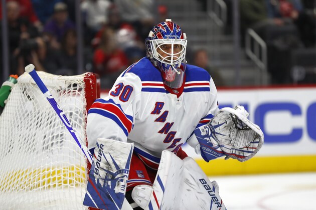 New York Rangers goaltender Henrik Lundqvist plays against the Detroit Red Wings in the second period of an NHL hockey game Saturday, Feb. 1, 2020, in Detroit. (AP Photo/Paul Sancya)