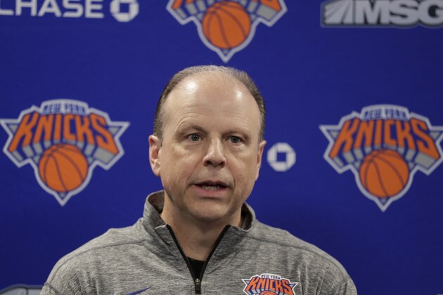 New York Knicks interim head coach Mike Miller talks during a press conferenced before an NBA basketball game against the Washington Wizards, Tuesday, March 10, 2020, in Washington. (AP Photo/Luis M. Alvarez)