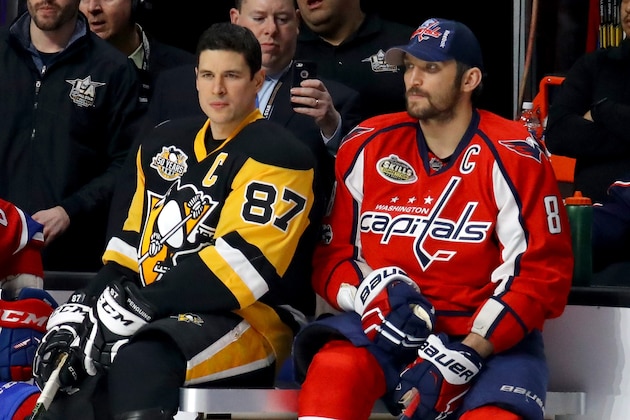 LOS ANGELES, CA - JANUARY 28:  Sidney Crosby #87 of the Pittsburgh Penguins (L) talks with Alex Ovechkin #8 of the Washington Capitals in the Gatorade NHL Skills Challenge Relay during the 2017 Coors Light NHL All-Star Skills Competition as part of the 2017 NHL All-Star Weekend at STAPLES Center on January 28, 2017 in Los Angeles, California.  (Photo by Bruce Bennett/Getty Images)