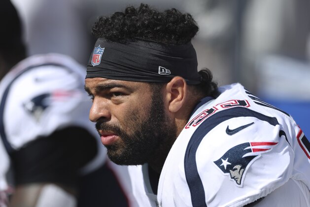 New England Patriots linebacker Kyle Van Noy watches from the sideline in the first half of an NFL football game against the Buffalo Bills, Sunday, Sept. 29, 2019, in Orchard Park, N.Y. (AP Photo/Ron Schwane)