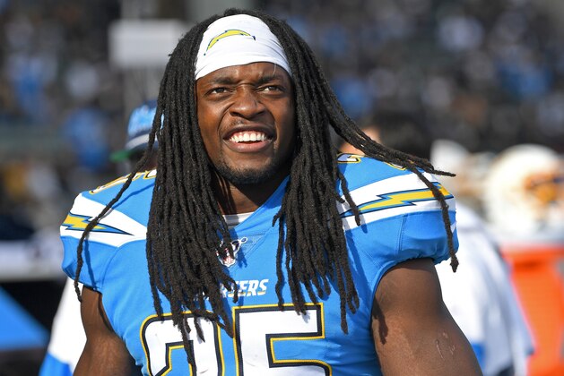 CARSON, CA - DECEMBER 22: Running back Melvin Gordon #25 of the Los Angeles Chargers looks on during the game against the Oakland Raiders at Dignity Health Sports Park on December 22, 2019 in Carson, California. (Photo by Jayne Kamin-Oncea/Getty Images)