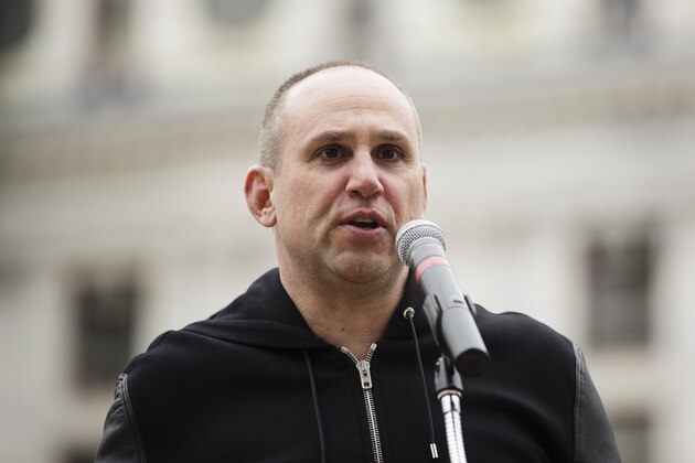 Philadelphia 76ers co-owner and Fanatics executive chairman Michael Rubin speaks at a gathering to push for drastic changes to Pennsylvania's probation system, in Philadelphia, Tuesday, April 2, 2019. House Democratic Whip Jordan Harris on Tuesday announced he will soon introduce a bill designed to result in fewer people on parole and for shorter periods of time. (AP Photo/Matt Rourke)
