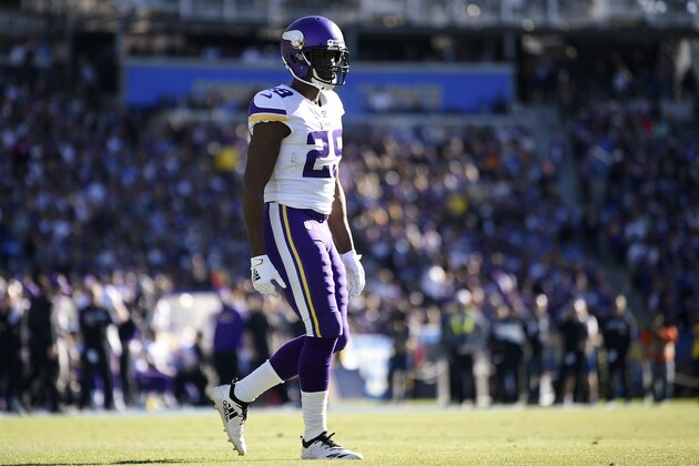 Minnesota Vikings cornerback Xavier Rhodes walks on the field during the first half of an NFL football game against the Los Angeles Chargers in Carson, Calif., Sunday, Dec. 15, 2019. (AP Photo/Kelvin Kuo)