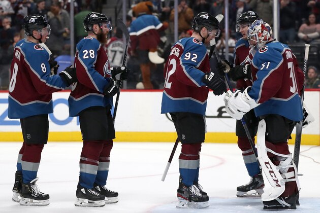 DENVER, COLORADO - JANUARY 16:  Goalie Philipp Grubauer #31 of the Colorado Avalanche is congratulated by Cale Makar #8, Ian Cole #28, Gabriel Landeskog #92 and Valeri Nichushkin #13 after their shut out win against the San Jose Sharks at the Pepsi Center on January 16, 2020 in Denver, Colorado. (Photo by Matthew Stockman/Getty Images)