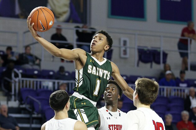 FORT MYERS, FLORIDA - DECEMBER 18:  Kennedy Chandler #2 of Briarcrest Christian School goes up for a layup against Archbishop Stepinac High School during the City of Palms Classic Day 1 at Suncoast Credit Union Arena on December 18, 2019 in Fort Myers, Florida. (Photo by Michael Reaves/Getty Images)