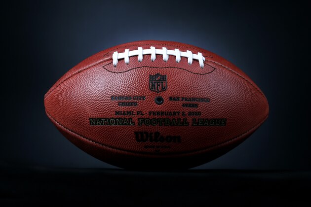 An official ball for the NFL Super Bowl LIV football game with the Kansas City Chiefs logo that was made at the Wilson Sporting Goods Co. in Ada, Ohio, Monday, Jan. 20, 2020. The Kansas City Chiefs will play the San Francisco 49ers in the Super Bowl LIV on Feb. 2, in Miami. (AP Photo/Ron Schwane)