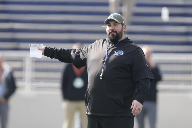 Detroit Lion head coach Matt Patricia instructs players as the North squad runs drills during practice for the Senior Bowl Wednesday, Jan. 22, 2020, in Mobile, Ala. (AP Photo/Butch Dill)
