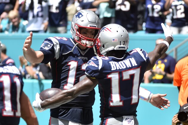 MIAMI, FL - SEPTEMBER 15: Antonio Brown #17 of the New England Patriots  celebrates with Tom Brady #12 after catching a touchdown in the second quarter of the game against the Miami Dolphins at Hard Rock Stadium on September 15, 2019 in Miami, Florida. (Photo by Eric Espada/Getty Images)