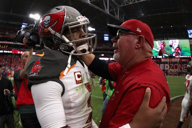 GLENDALE, AZ - SEPTEMBER 18: Quarterback Jameis Winston #3 of the Tampa Bay Buccaneers and head coach Bruce Arians of the Arizona Cardinals shake hands following the 40-7 NFL game at the University of Phoenix Stadium on September 18, 2016 in Glendale, Arizona. (Photo by Christian Petersen/Getty Images) GLENDALE, AZ - SEPTEMBER 18: Quarterback Jameis Winston #3 of the Tampa Bay Buccaneers and head coach Bruce Arians of the Arizona Cardinals shake hands following the 40-7 NFL game at the University of Phoenix Stadium on September 18, 2016 in Glendale, Arizona. (Photo by Christian Petersen/Getty Images)