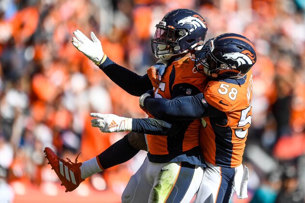 DENVER, CO - SEPTEMBER 29:  Bradley Chubb #55 and Von Miller #58 of the Denver Broncos celebrate after a second quarter Chubb sack against the Jacksonville Jaguars at Empower Field at Mile High on September 29, 2019 in Denver, Colorado. (Photo by Dustin Bradford/Getty Images)