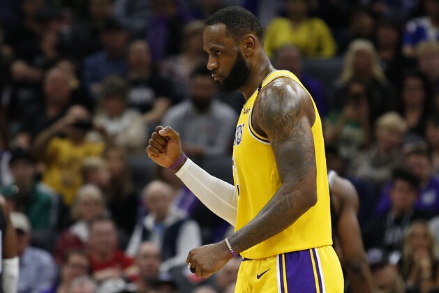 Los Angeles Lakers forward LeBron James pumps his fist the Lakers scored against the Sacramento Kings during the second half of an NBA basketball game in Sacramento, Calif., Saturday, Feb. 1, 2020. The Lakers won 129-113. (AP Photo/Rich Pedroncelli) Los Angeles Lakers forward LeBron James pumps his fist the Lakers scored against the Sacramento Kings during the second half of an NBA basketball game in Sacramento, Calif., Saturday, Feb. 1, 2020. The Lakers won 129-113. (AP Photo/Rich Pedroncelli)