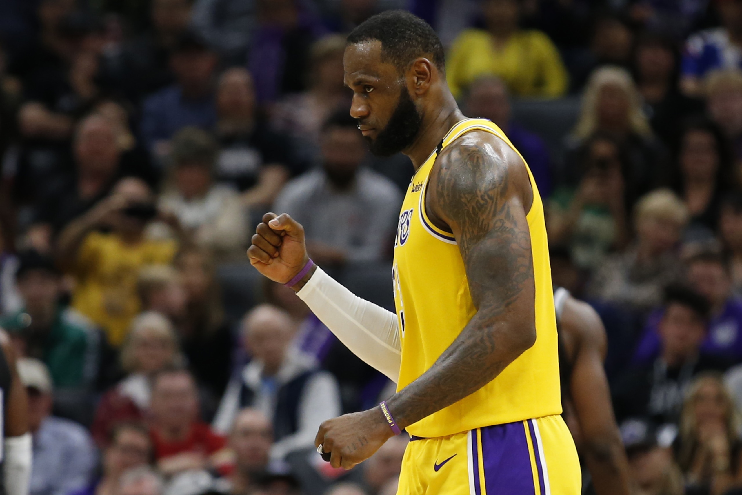 Los Angeles Lakers forward LeBron James pumps his fist the Lakers scored against the Sacramento Kings during the second half of an NBA basketball game in Sacramento, Calif., Saturday, Feb. 1, 2020. The Lakers won 129-113. (AP Photo/Rich Pedroncelli)