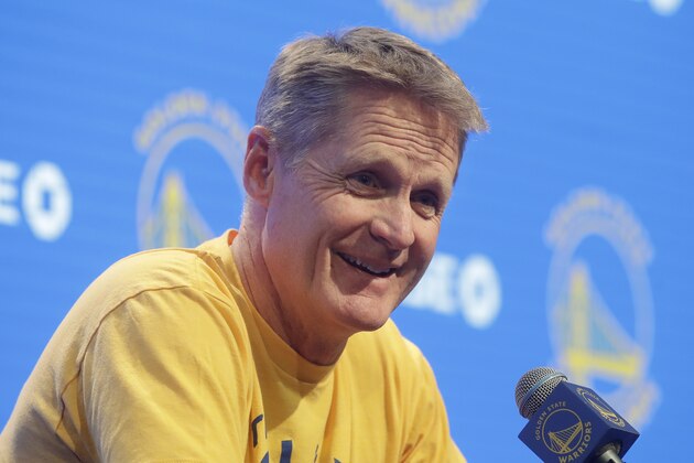 Golden State Warriors head coach Steve Kerr speaks at a news conference before an NBA basketball game between the Warriors and the San Antonio Spurs in San Francisco, Friday, Nov. 1, 2019. (AP Photo/Jeff Chiu)