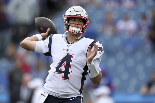 New England Patriots quarterback Jarrett Stidham warms up before an NFL football game, Sunday, Sept. 29, 2019, in Orchard Park, N.Y. (AP Photo/Ron Schwane)