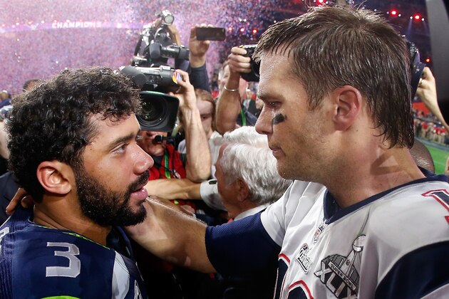GLENDALE, AZ - FEBRUARY 01:  Russell Wilson #3 of the Seattle Seahawks congratulates Tom Brady #12 of the New England Patriots after the Patriots 28-24  win during Super Bowl XLIX at University of Phoenix Stadium on February 1, 2015 in Glendale, Arizona.  (Photo by Christian Petersen/Getty Images)