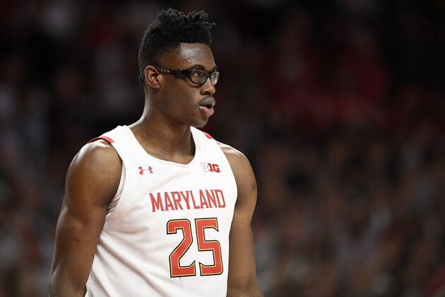 Maryland forward Jalen Smith (25) stands on the court during the second half of an NCAA college basketball game against Michigan, Sunday, March 8, 2020, in College Park, Md. Maryland won 83-70. (AP Photo/Nick Wass)