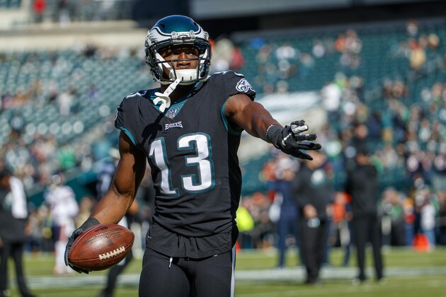 Philadelphia Eagles wide receiver Nelson Agholor (13) looks on prior to the the NFL football game against the Chicago Bears, Sunday, Nov. 3, 2019, in Philadelphia. The Eagles won 22-14. (AP Photo/Chris Szagola)