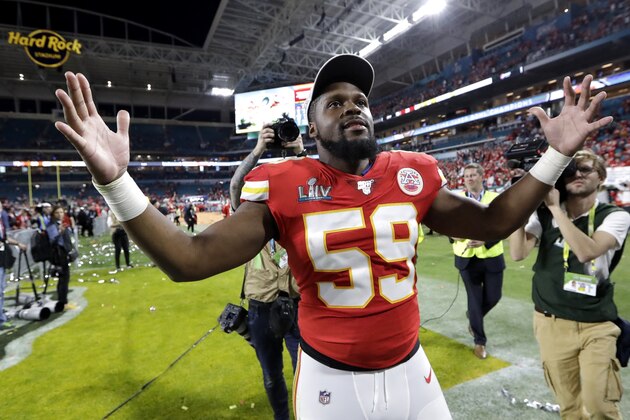 Kansas City Chiefs' Reggie Ragland (59) celebrates after the NFL Super Bowl 54 football game against the San Francisco 49ers, Sunday, Feb. 2, 2020, in Miami Gardens, Fla. The Kansas City Chiefs won 31-20. (AP Photo/Mark Humphrey) Kansas City Chiefs' Reggie Ragland (59) celebrates after the NFL Super Bowl 54 football game against the San Francisco 49ers, Sunday, Feb. 2, 2020, in Miami Gardens, Fla. The Kansas City Chiefs won 31-20. (AP Photo/Mark Humphrey)