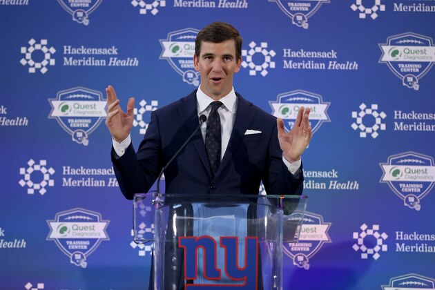 EAST RUTHERFORD, NEW JERSEY - JANUARY 24: Eli Manning of the New York Giants announces his retirement during a press conference on January 24, 2020 at Quest Diagnostic Training Center in East Rutherford, New Jersey.The two time Super Bowl MVP is retiring after 16 seasons with the team. (Photo by Elsa/Getty Images) EAST RUTHERFORD, NEW JERSEY - JANUARY 24: Eli Manning of the New York Giants announces his retirement during a press conference on January 24, 2020 at Quest Diagnostic Training Center in East Rutherford, New Jersey.The two time Super Bowl MVP is retiring after 16 seasons with the team. (Photo by Elsa/Getty Images)