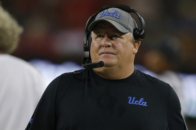 UCLA head coach Chip Kelly during an NCAA college football game against Arizona, Saturday, Sept. 28, 2019, in Tucson, Ariz. (AP Photo/Rick Scuteri)